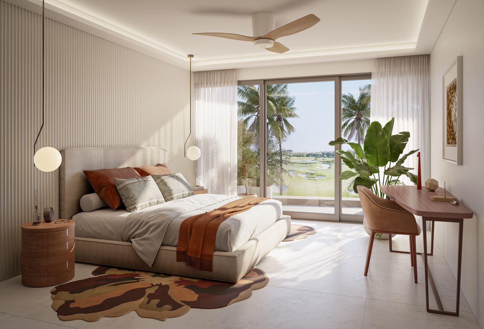 Master bedroom with golf-course view, architectural render