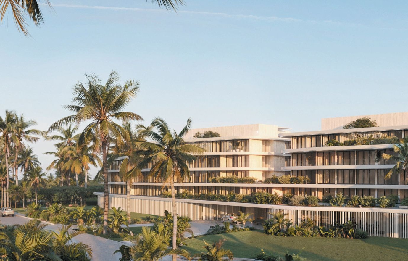 Reef and Golf Residences exterior at golden hour, architectural render