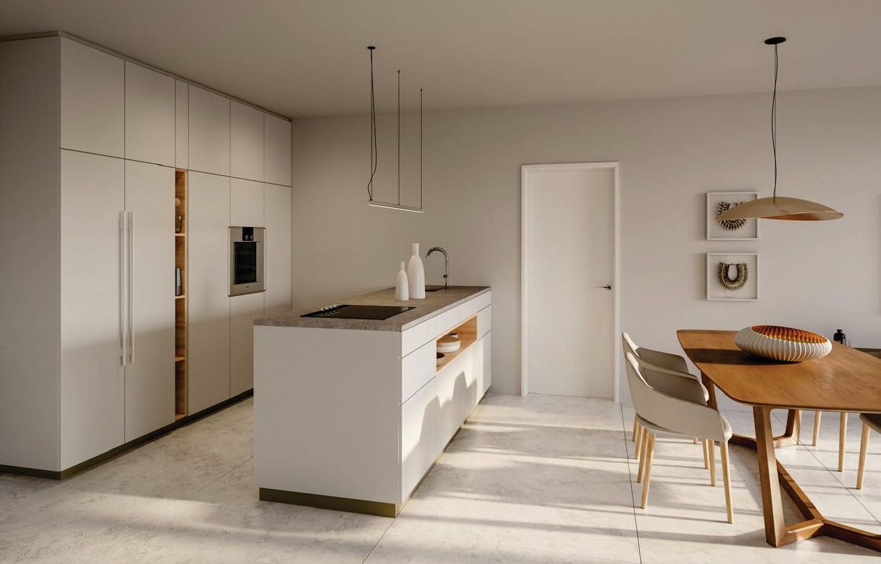 Kitchen with white island and integrated appliances, render