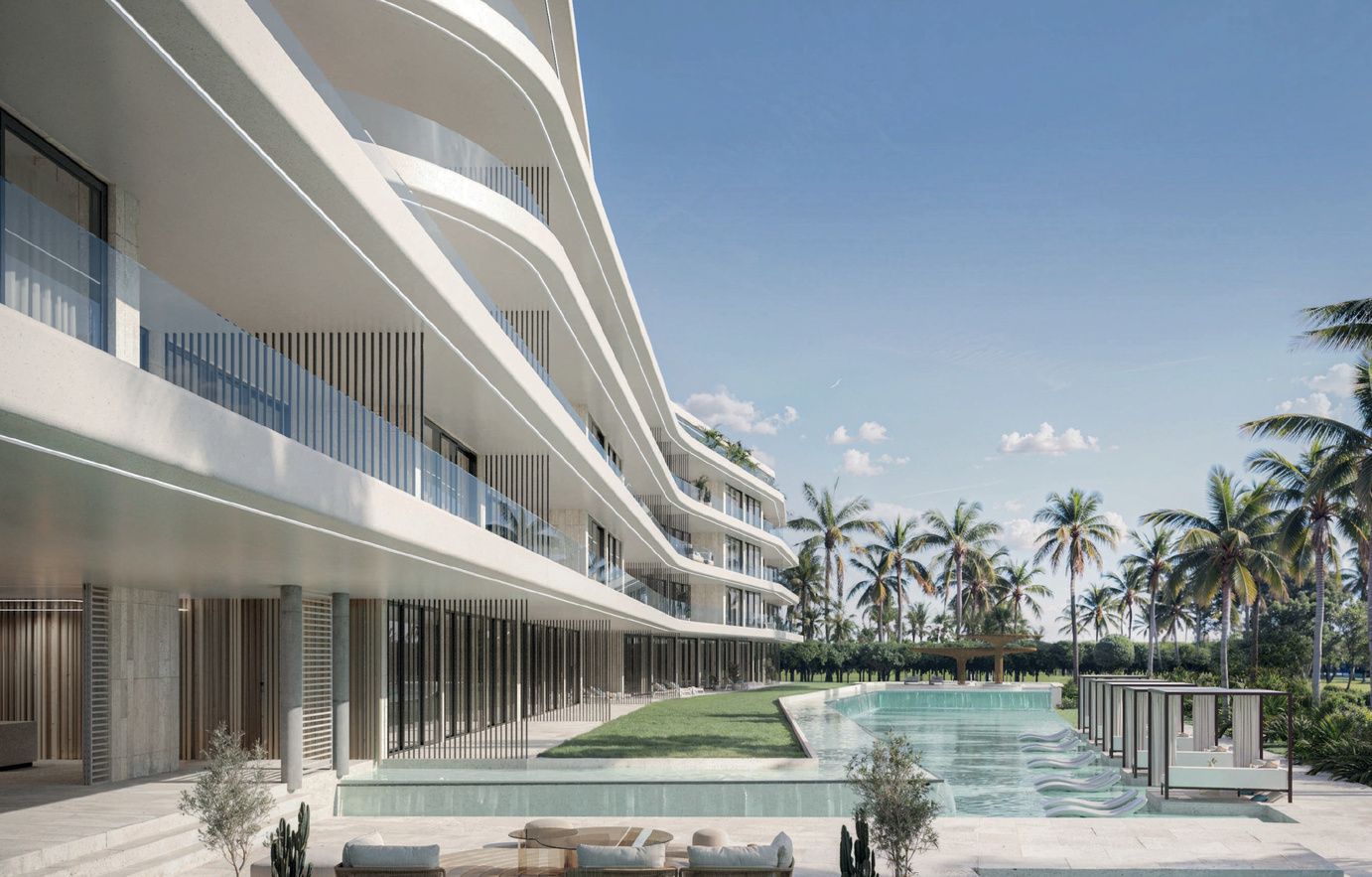 Reef and Golf Residences poolside facade with curved white balconies, architectural render