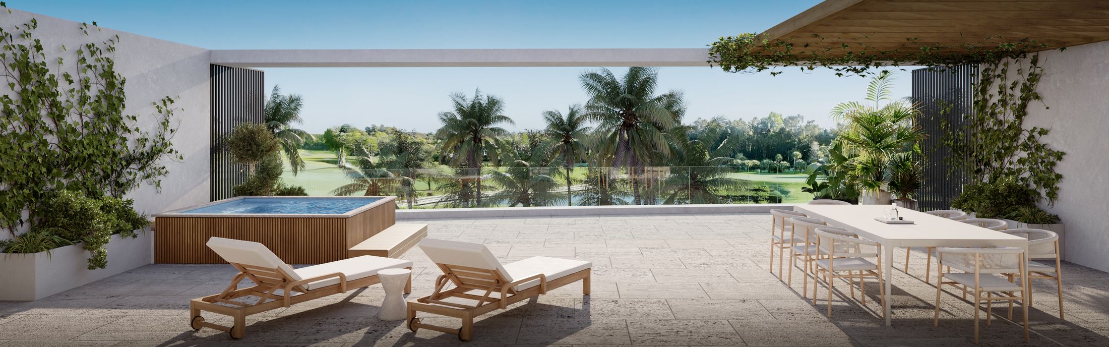 Rooftop terrace panorama over the Las Iguanas golf course, architectural render